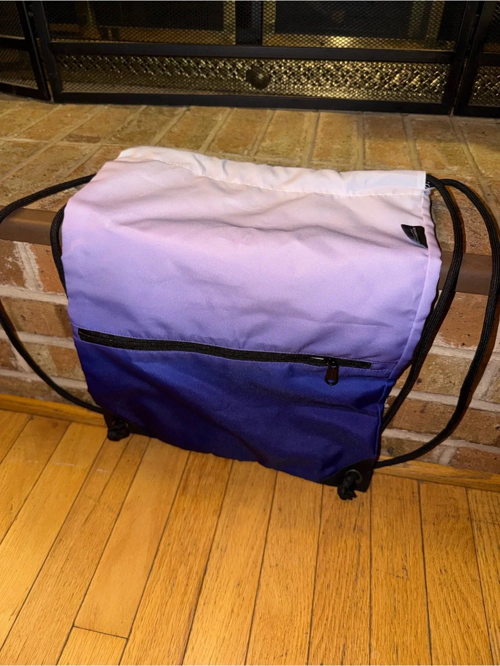 Two-Tone Purple Drawstring Backpack with Front Zip Pocket